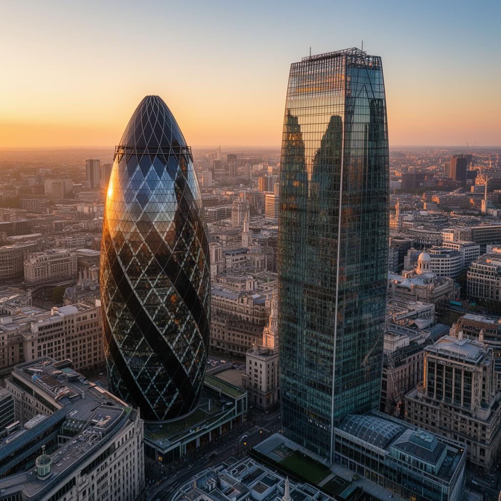 Aerial view of The Gherkin and Walkie Talkie, London