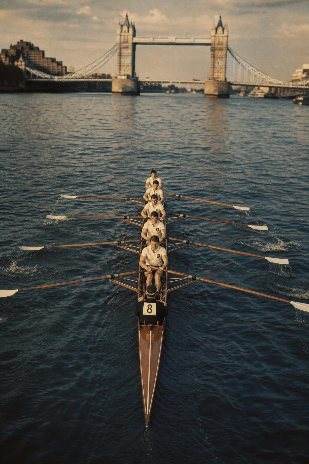 Five crew members rowing in unison on the River Thames