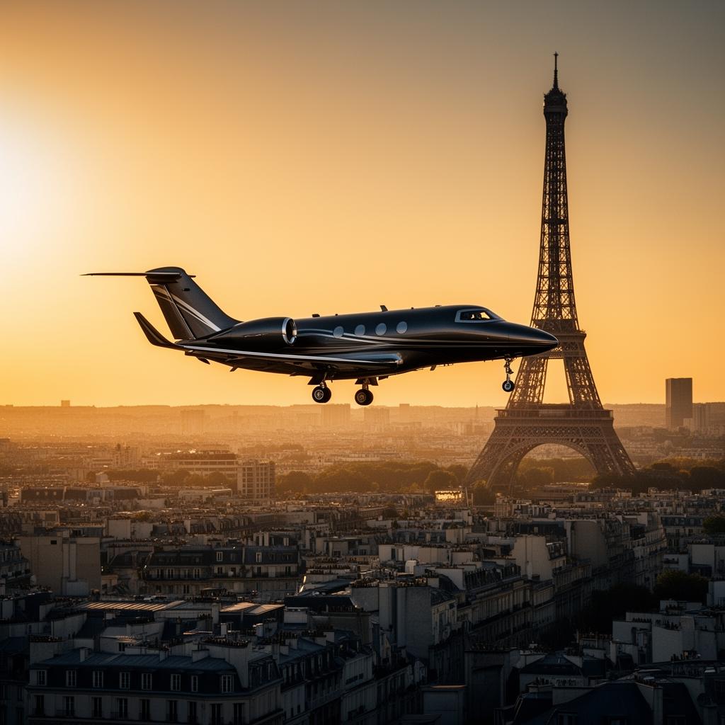 A sleek global private jet taking off over a modern city skyline at dusk