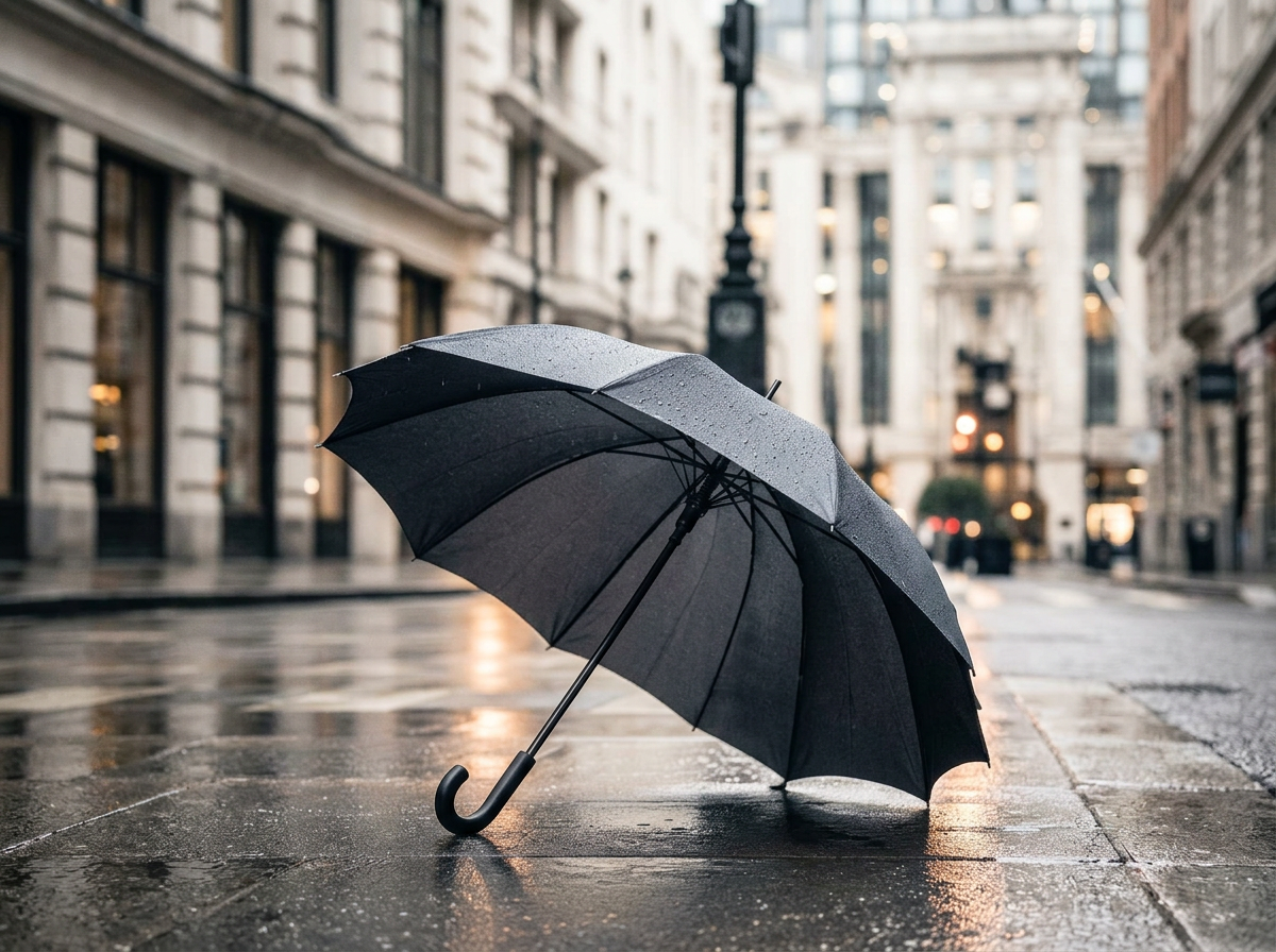 Black umbrella on a rain-slicked London street at dusk